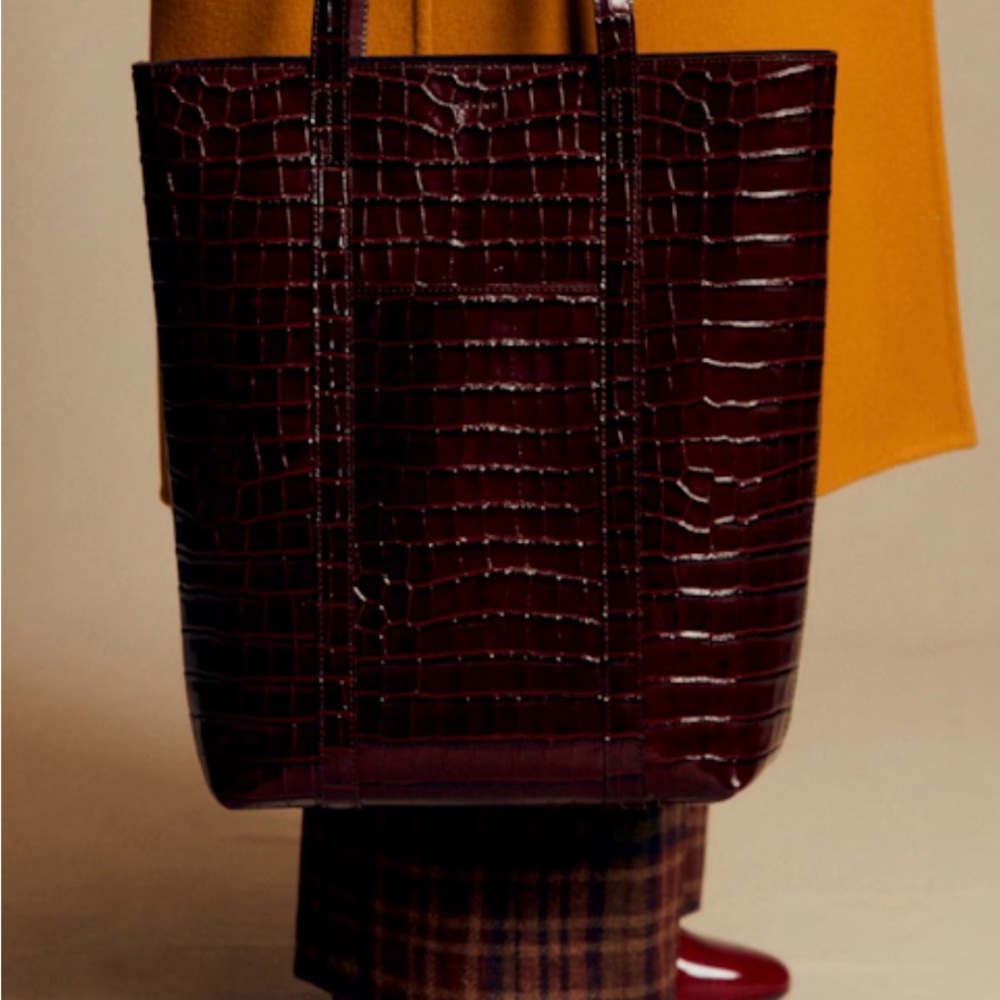 Sezane Croc-Embossed Leather Tote in Deep Burgundy